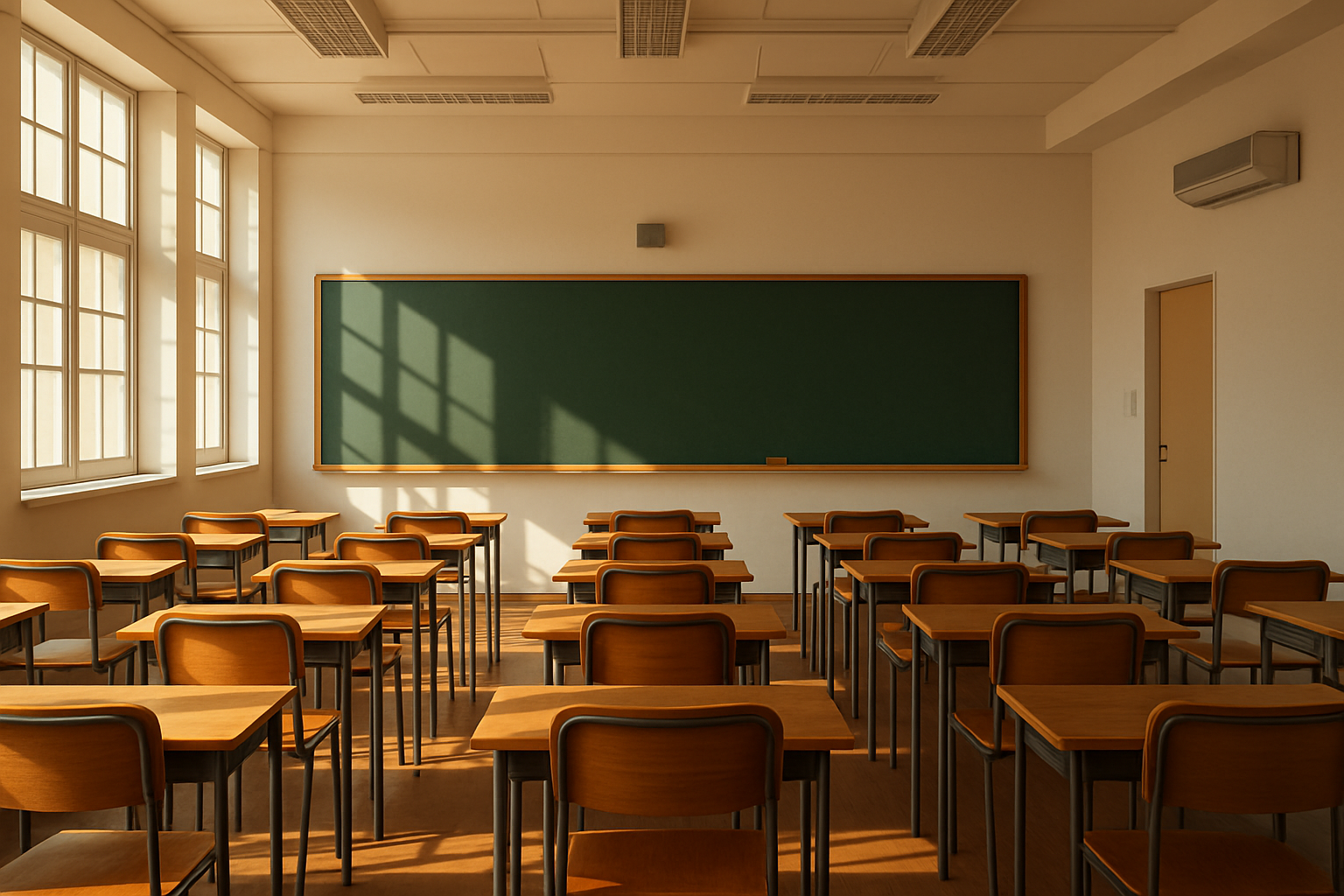 A well-lit classroom featuring wooden desks and chairs, with a green chalkboard at the front and sunlight casting shadows through the windows.