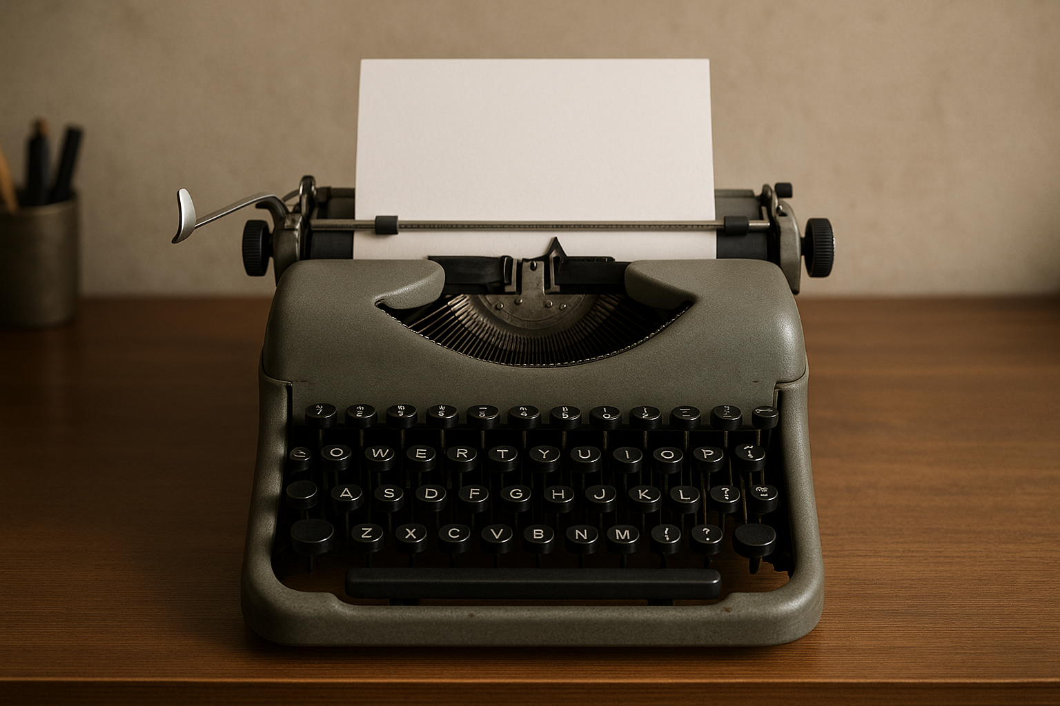A vintage typewriter with a blank sheet of paper on top, placed on a wooden table, with a pencil holder and other stationery visible in the background.