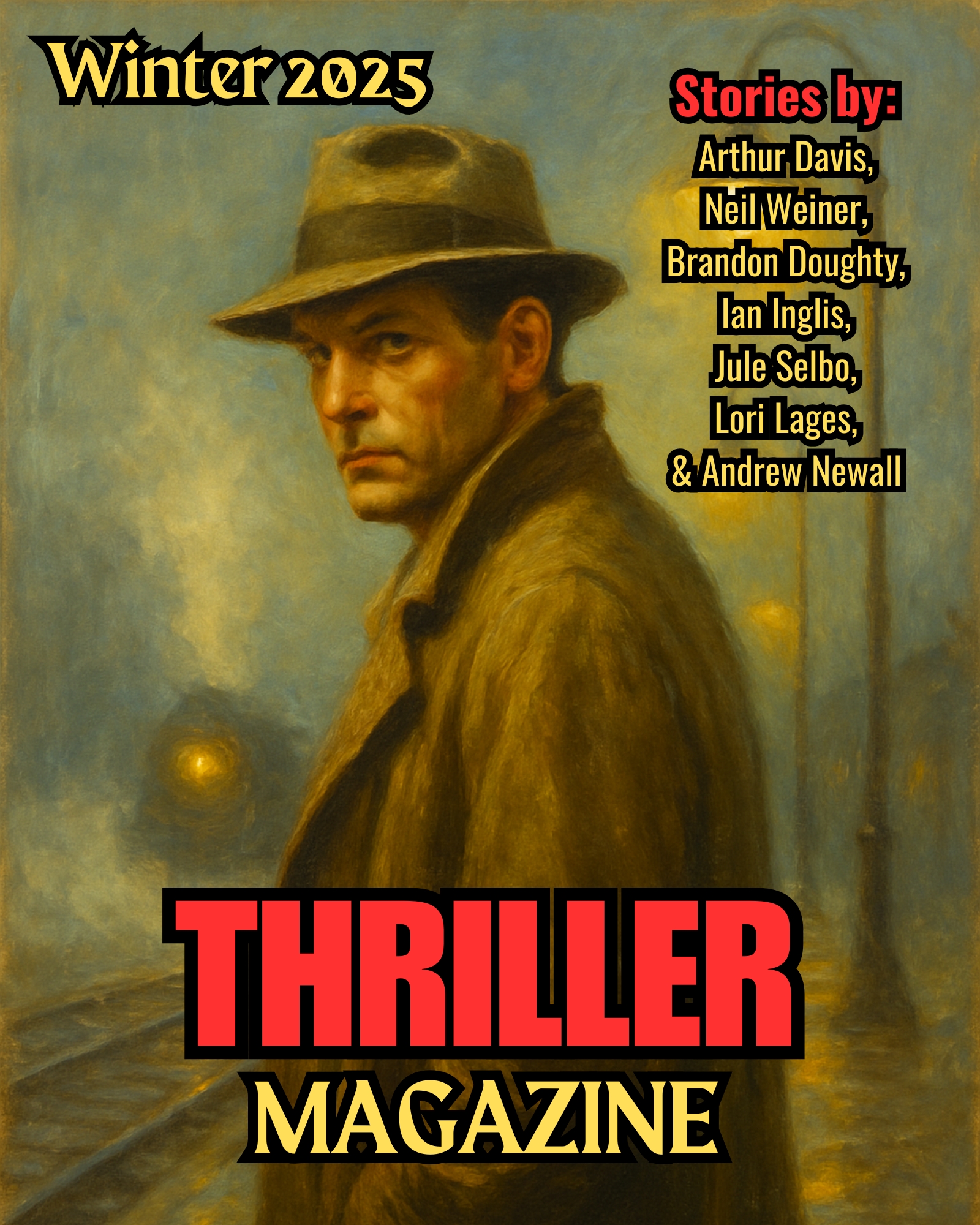 Cover of Thriller Magazine's Winter 2025 issue featuring a man in a hat looking towards the viewer, with a blurred background and the magazine title prominently displayed.