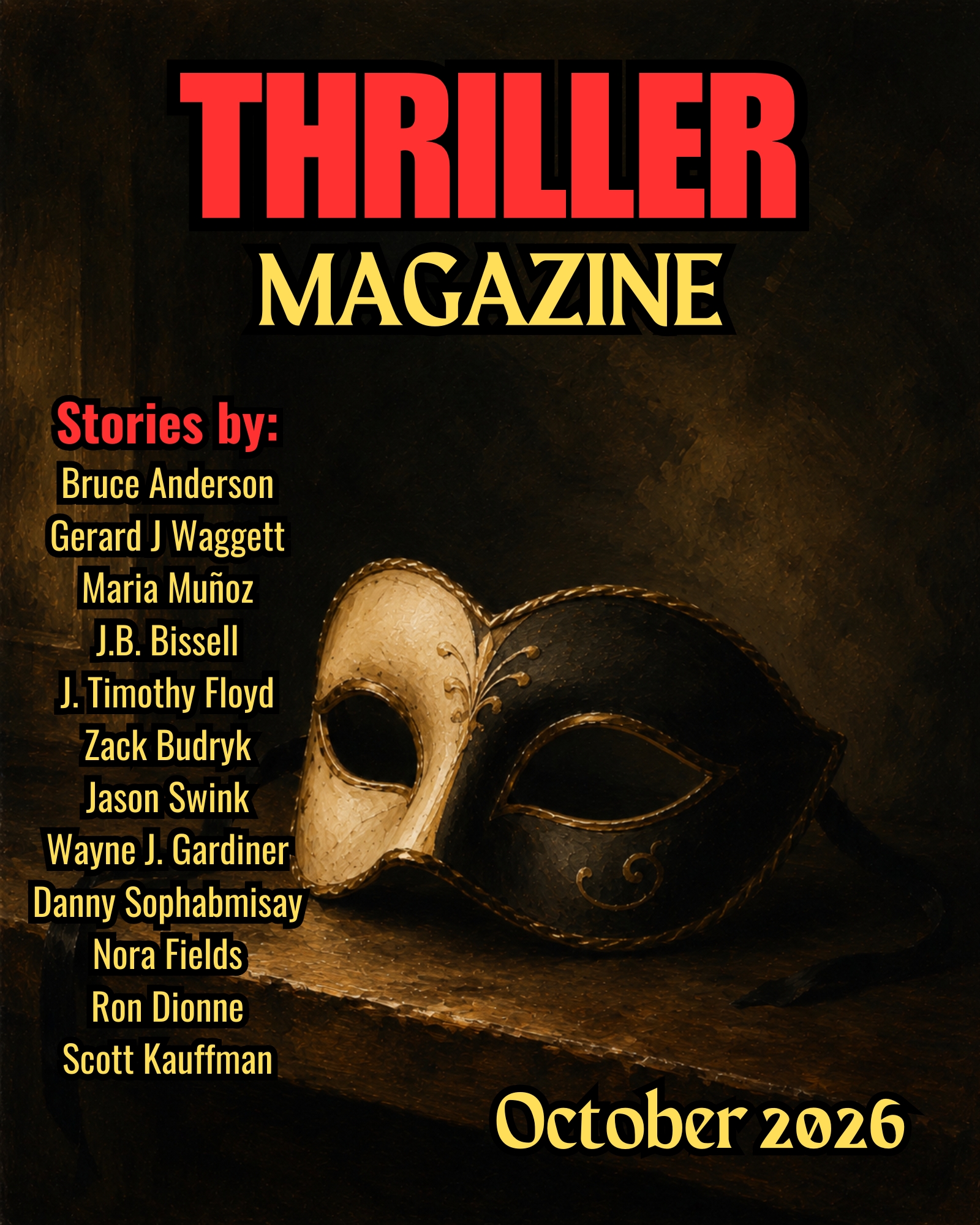 Cover of Thriller Magazine for October 2026 featuring a decorative mask and a list of contributing authors.